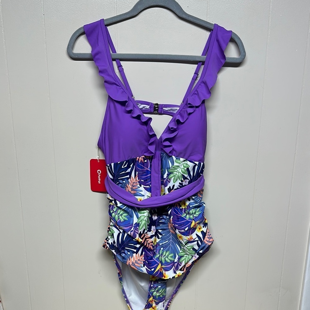 PatPat Purple One Piece Swimwear with Ruffled Straps